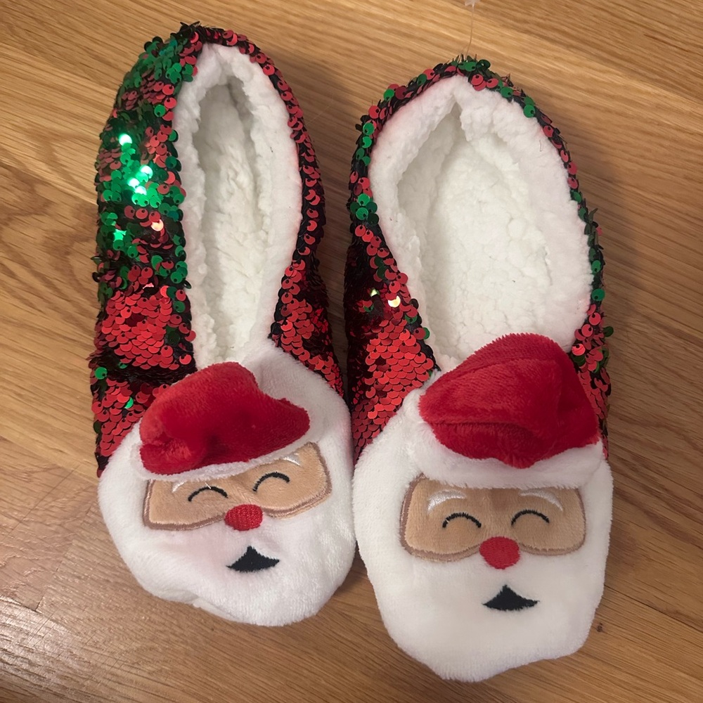 Holiday Santa Sequin Plush Slippers - Red & Green